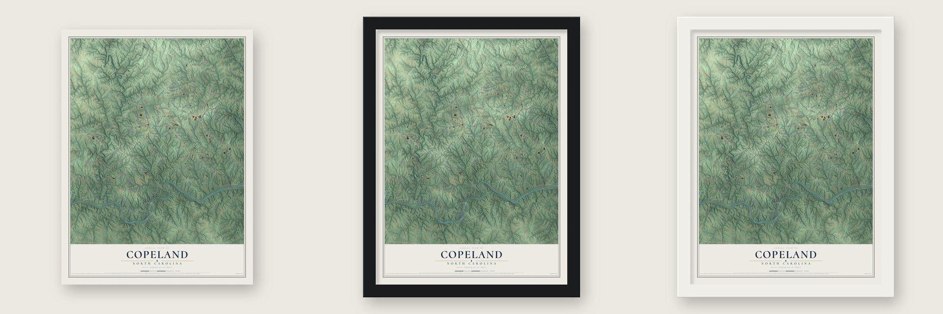 Copeland, North Carolina map unframed, in a black wood frame and in a white wood frame