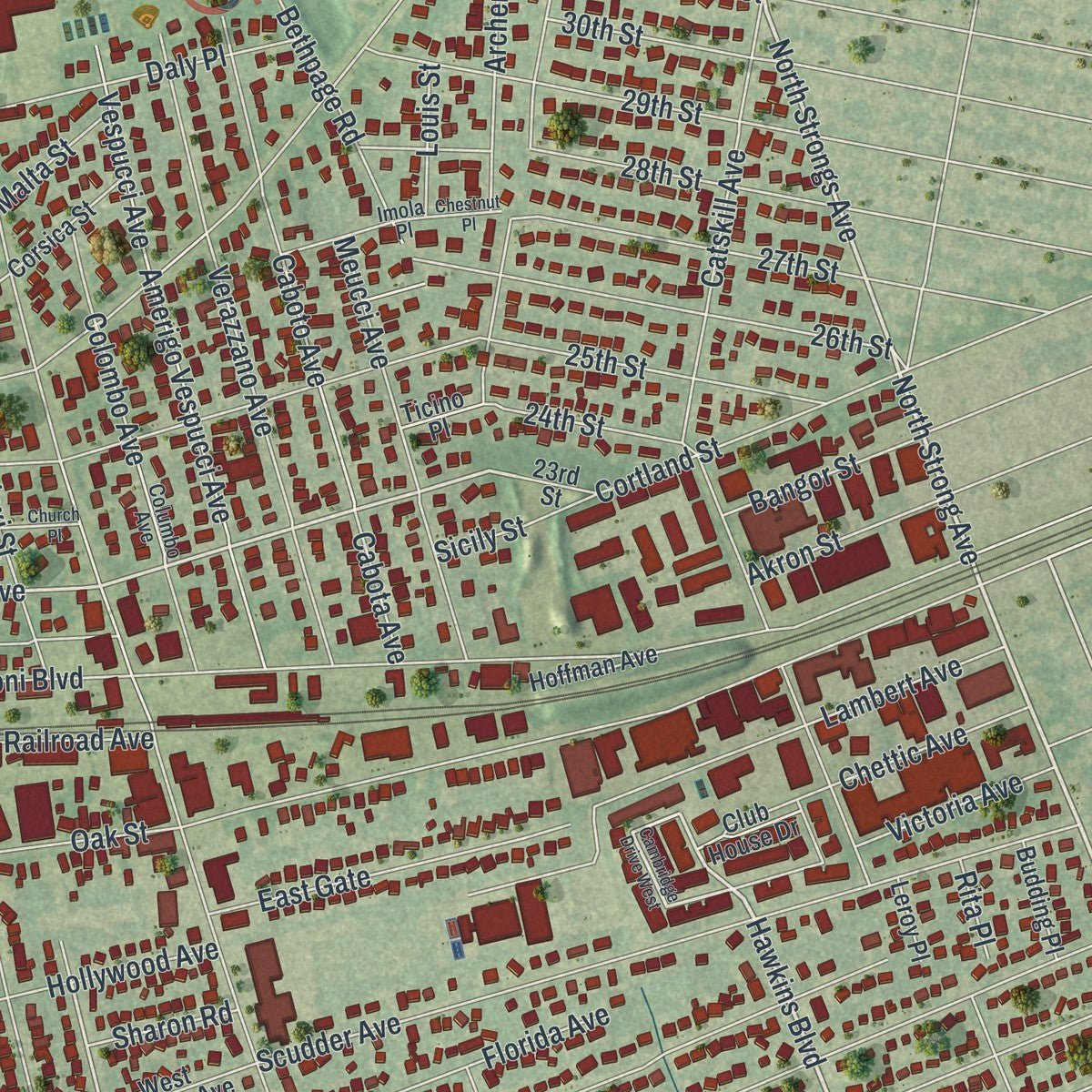 Second close-up of the map of Copiague, New York print showing more streets and buildings