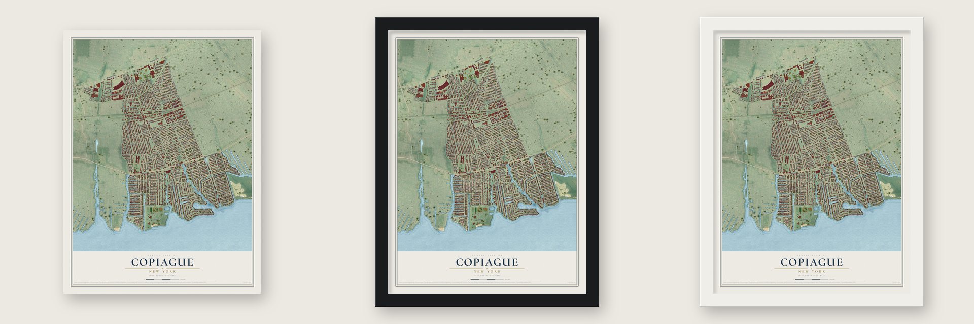 Copiague, New York map unframed, in a black wood frame and in a white wood frame
