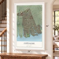 Copiague, New York map, 24 x 36 inch print in a white frame by a staircase