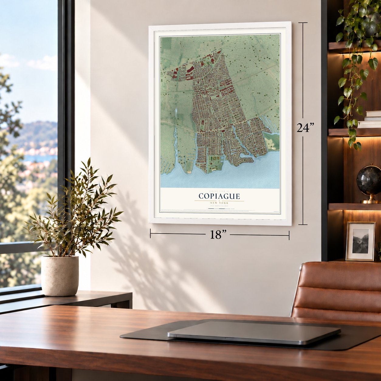 Copiague, New York map, 18 x 24 inch print in a white frame in a home office