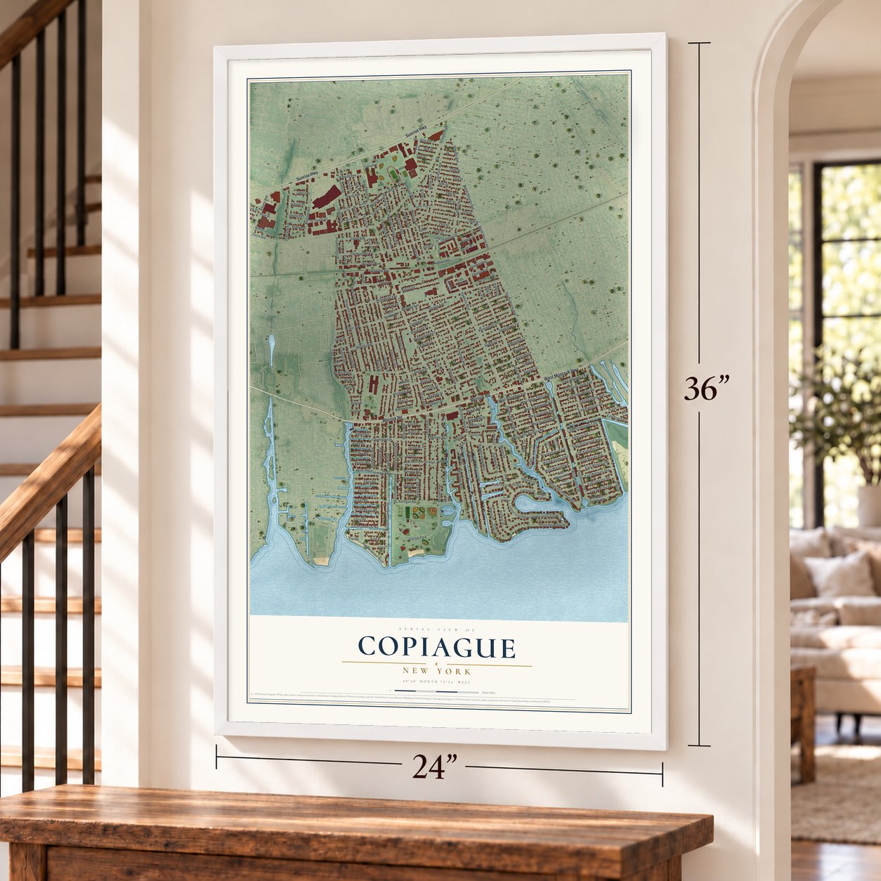 Copiague, New York map, 24 x 36 inch print in a white frame by a staircase