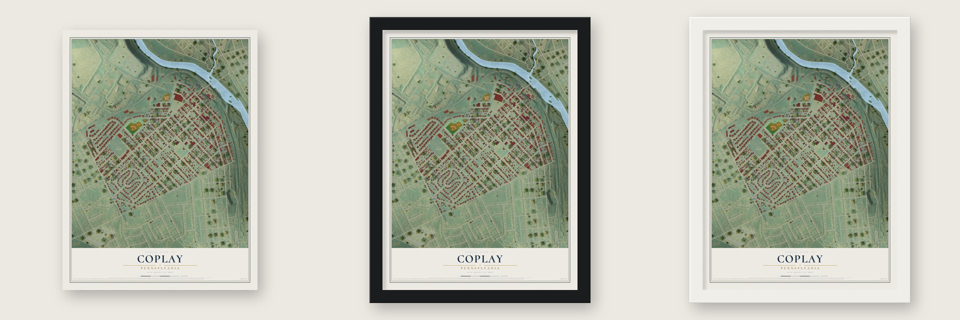 Coplay, Pennsylvania map unframed, in a black wood frame and in a white wood frame
