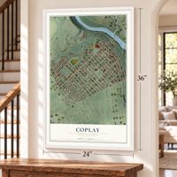 Coplay, Pennsylvania map, 24 x 36 inch print in a white frame by a staircase
