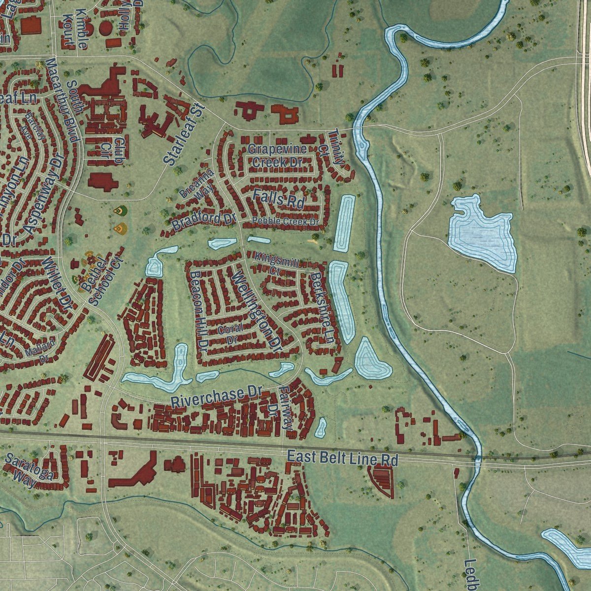Second close-up of the map of Coppell, Texas print showing more streets and buildings