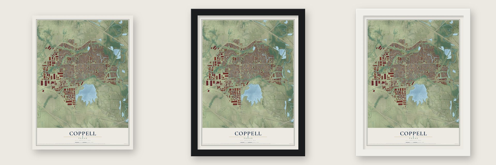 Coppell, Texas map unframed, in a black wood frame and in a white wood frame