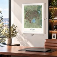 Coppell, Texas map, 18 x 24 inch print in a white frame in a home office