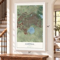Coppell, Texas map, 24 x 36 inch print in a white frame by a staircase