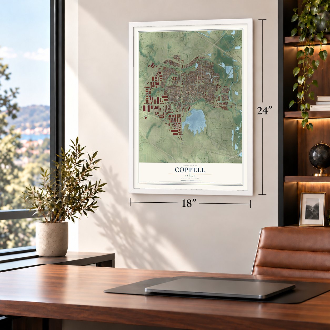 Coppell, Texas map, 18 x 24 inch print in a white frame in a home office