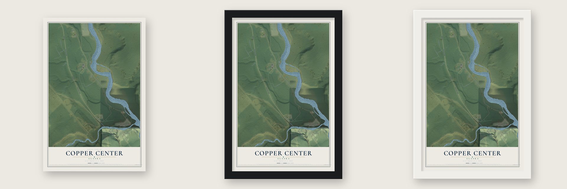 Copper Center, Alaska map unframed, in a black wood frame and in a white wood frame
