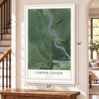 Copper Center, Alaska map, 24 x 36 inch print in a white frame by a staircase