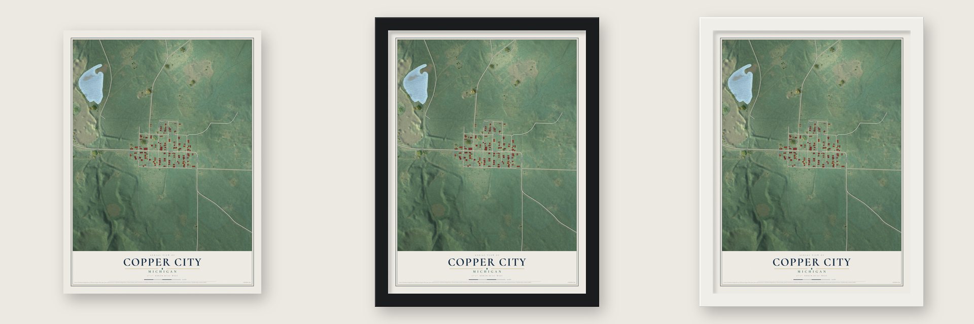 Copper City, Michigan map unframed, in a black wood frame and in a white wood frame