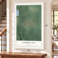 Copper City, Michigan map, 24 x 36 inch print in a white frame by a staircase