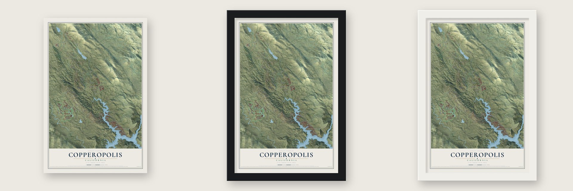 Copperopolis, California map unframed, in a black wood frame and in a white wood frame