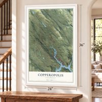 Copperopolis, California map, 24 x 36 inch print in a white frame by a staircase