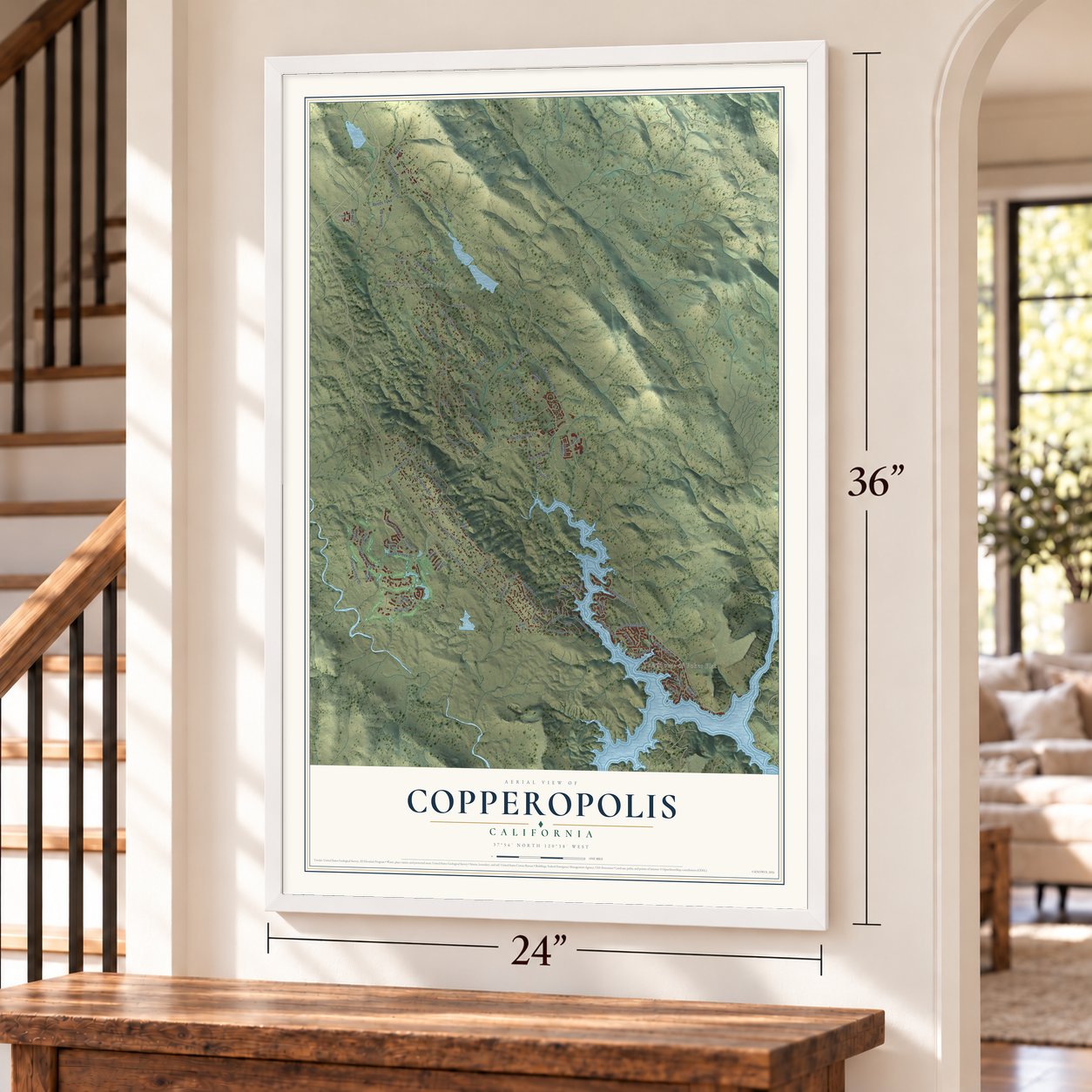 Copperopolis, California map, 24 x 36 inch print in a white frame by a staircase