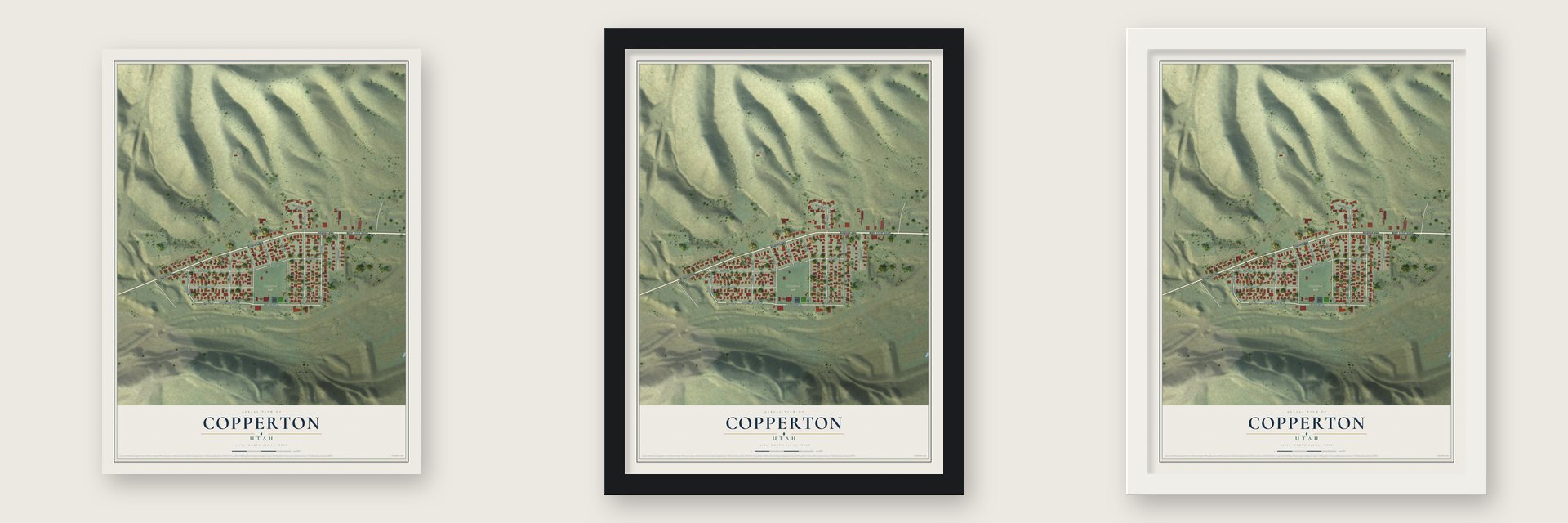 Copperton, Utah map unframed, in a black wood frame and in a white wood frame