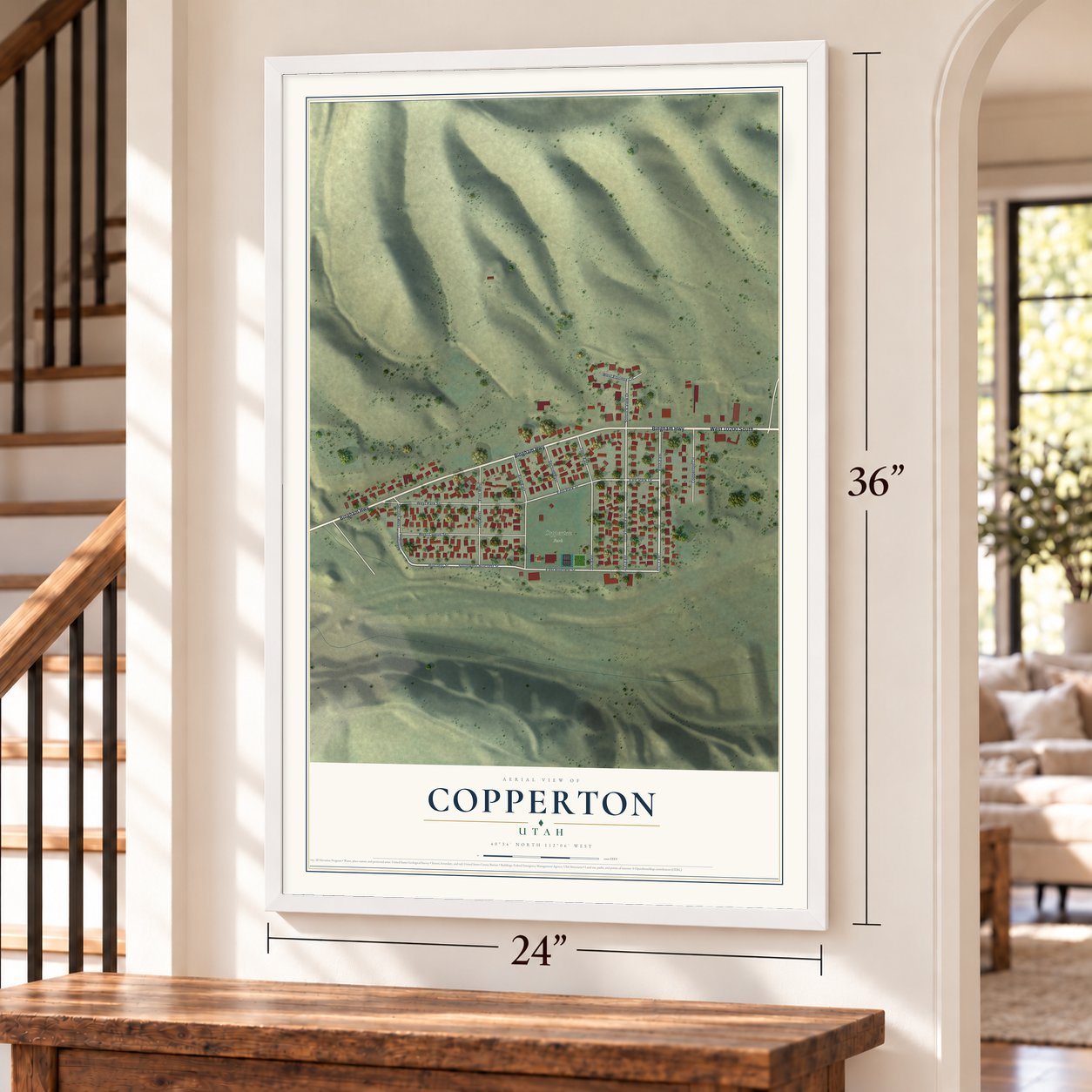 Copperton, Utah map, 24 x 36 inch print in a white frame by a staircase