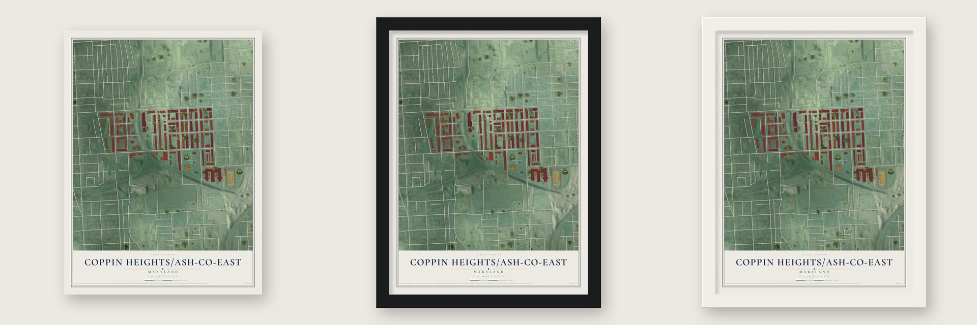Coppin Heights-Ash-Co-East, Maryland map unframed, in a black wood frame and in a white wood frame