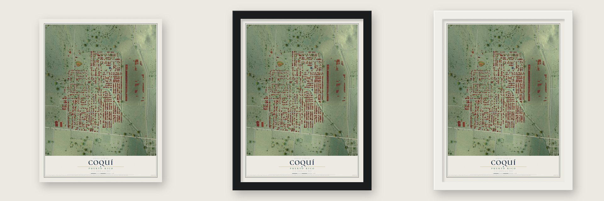 Coquí, Puerto Rico map unframed, in a black wood frame and in a white wood frame