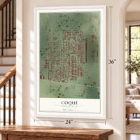 Coquí, Puerto Rico map, 24 x 36 inch print in a white frame by a staircase