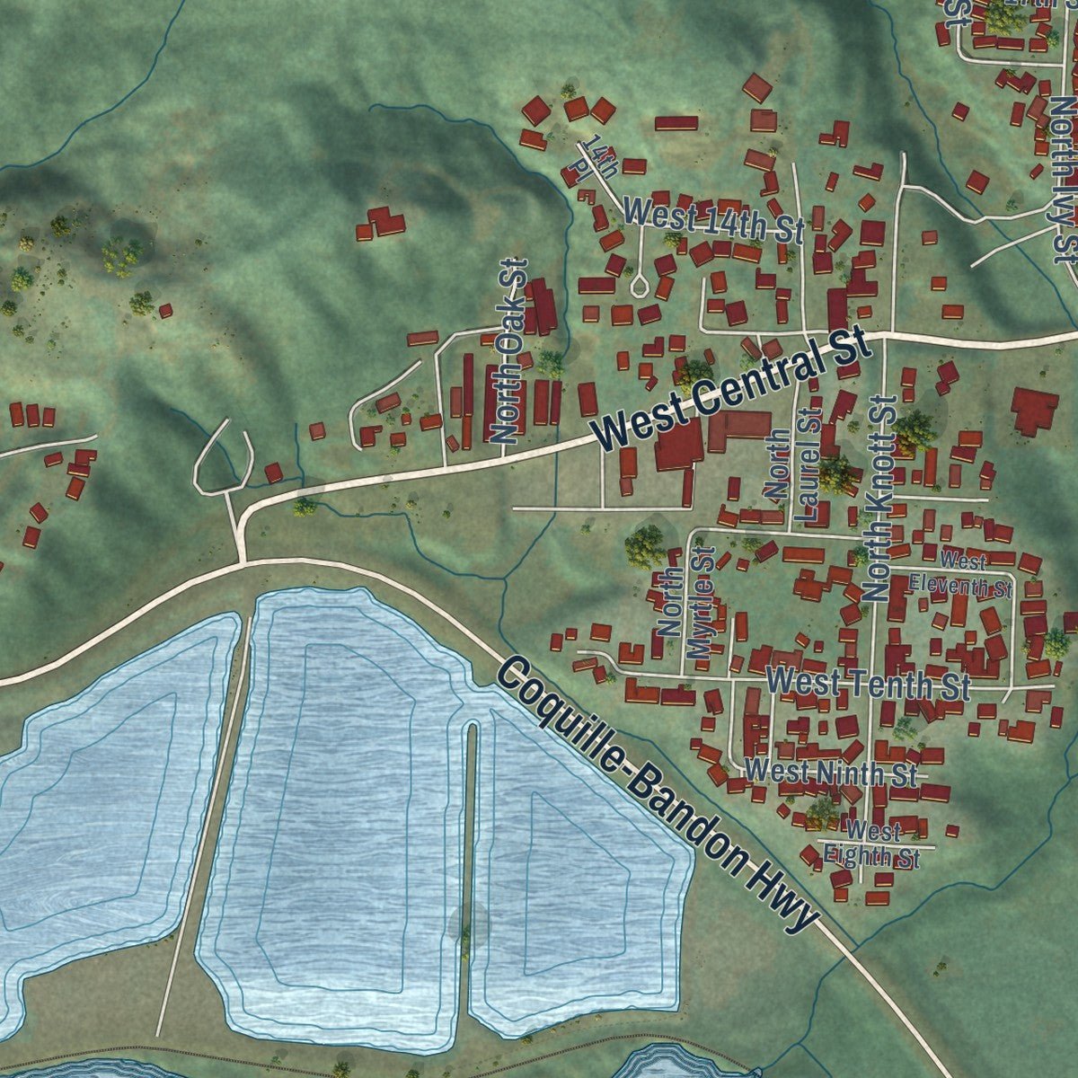 Second close-up of the map of Coquille, Oregon print showing more streets and buildings
