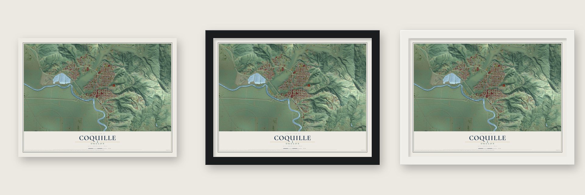 Coquille, Oregon map unframed, in a black wood frame and in a white wood frame