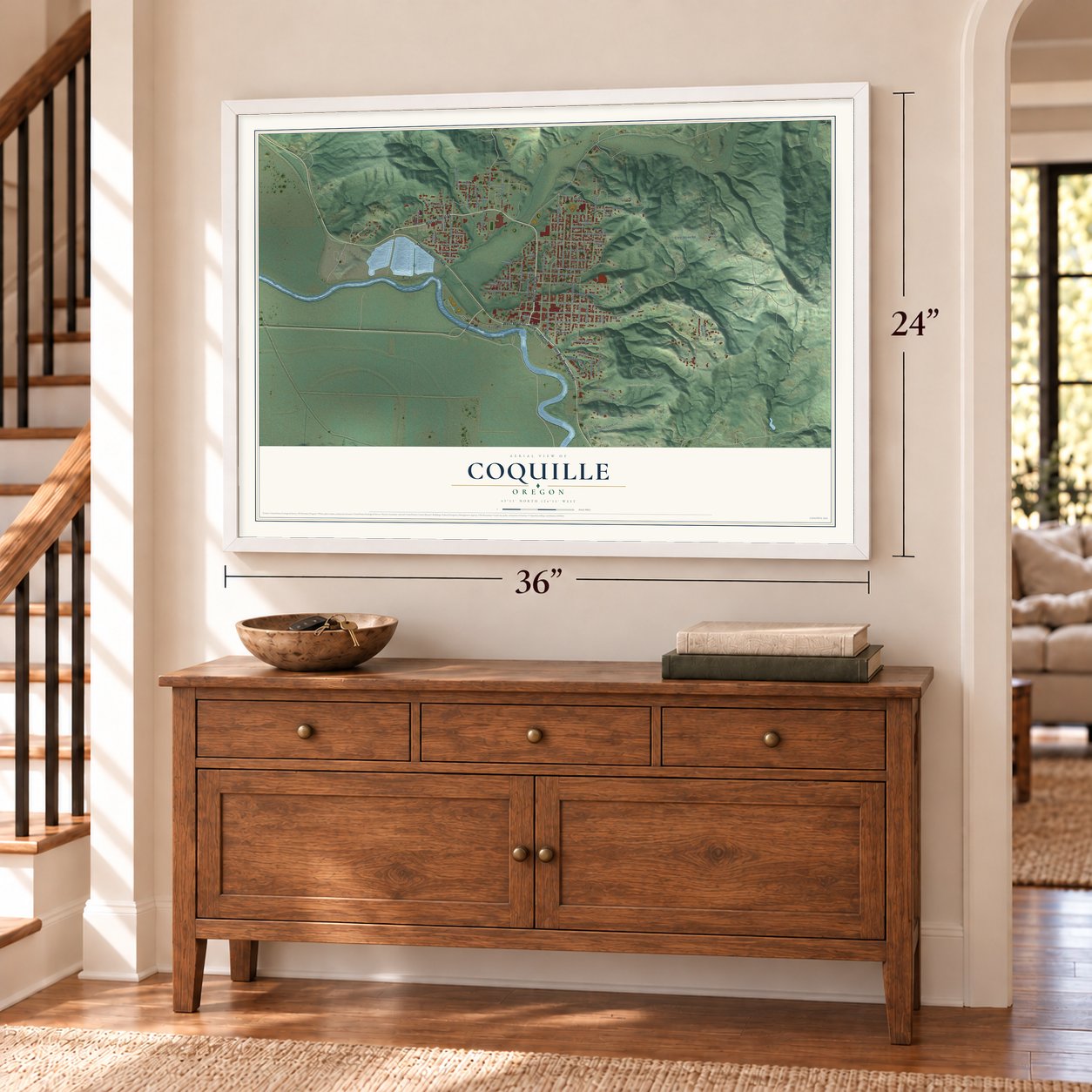 Coquille, Oregon map, 24 x 36 inch print in a white frame above a dresser by a staircase