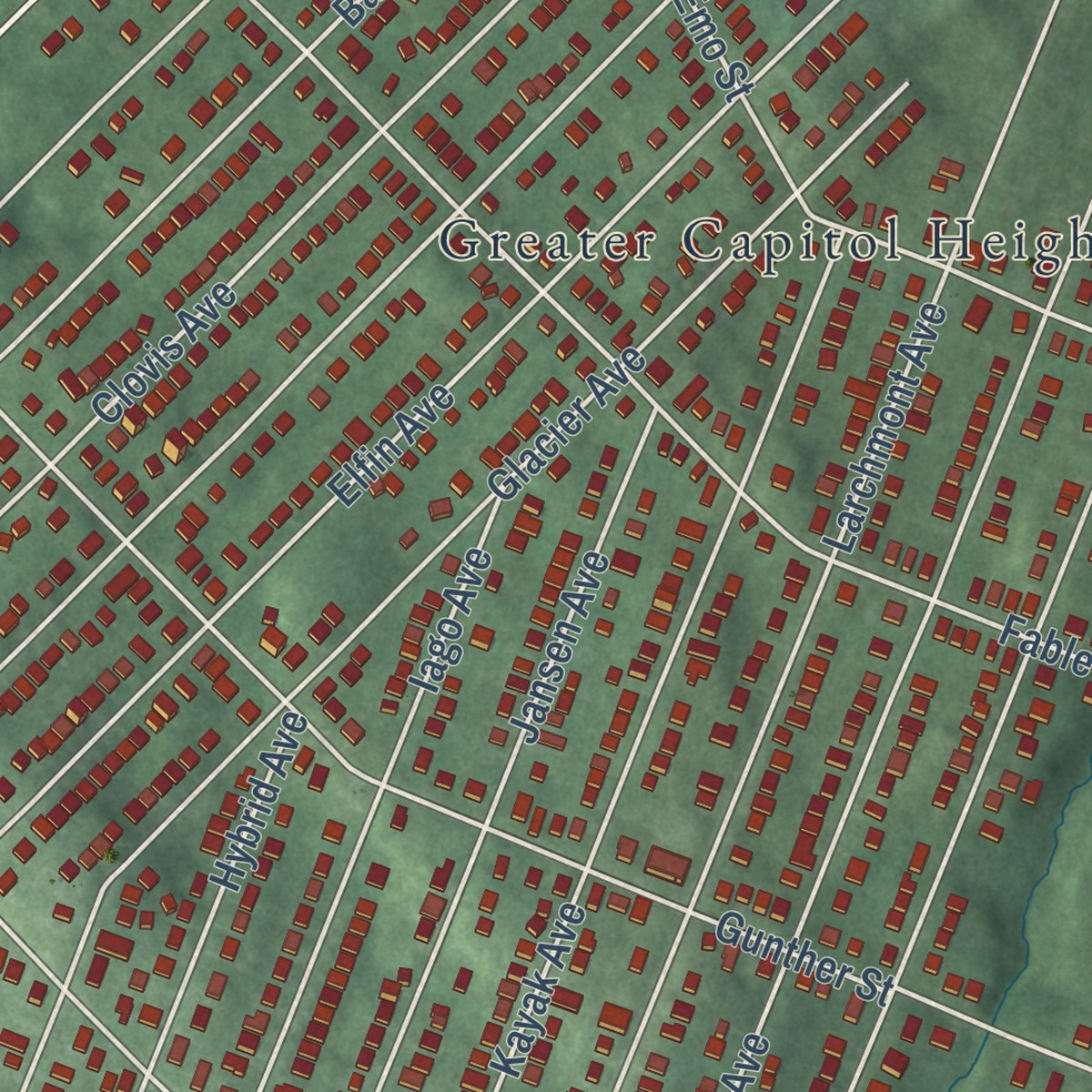 Second close-up of the map of Coral Hills, Maryland print showing more streets and buildings
