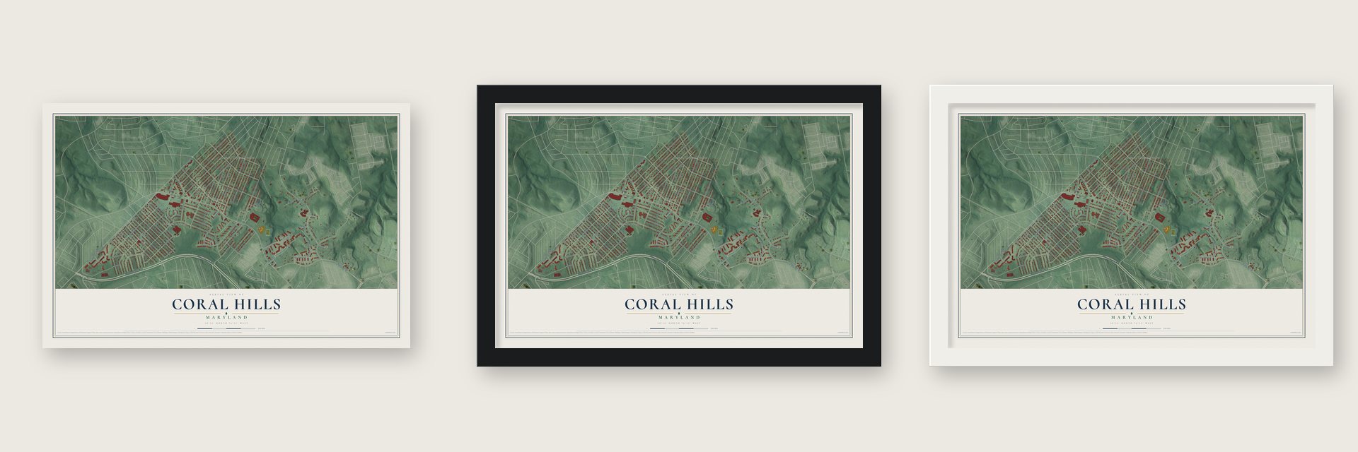 Coral Hills, Maryland map unframed, in a black wood frame and in a white wood frame