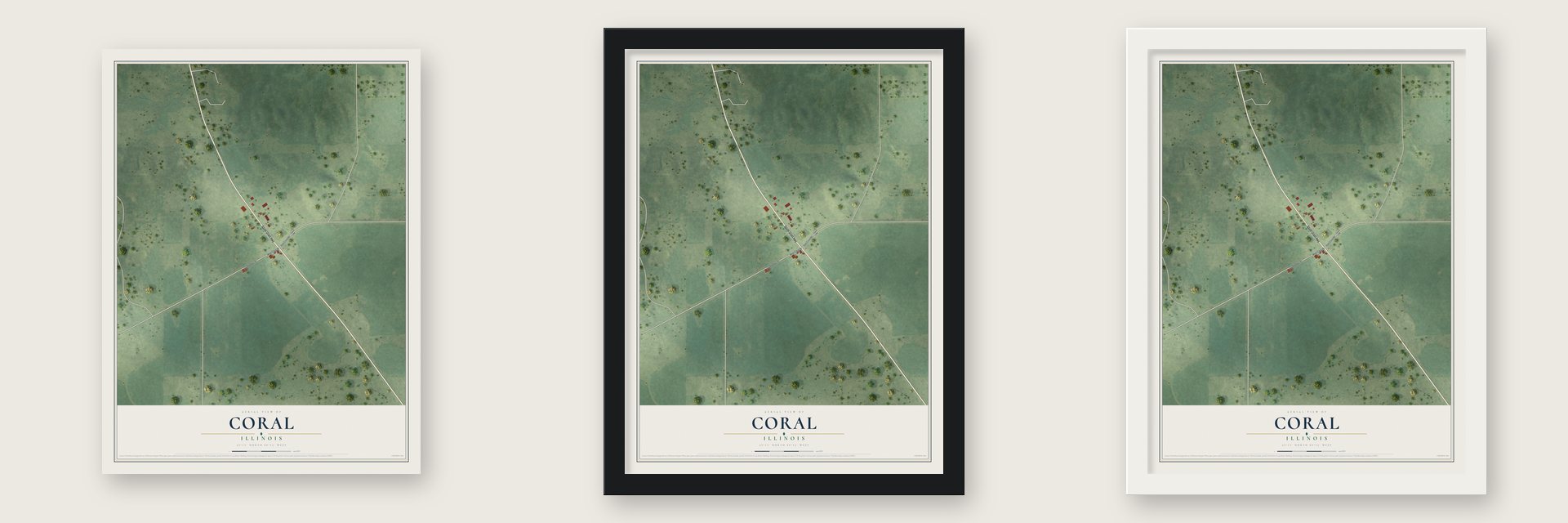 Coral, Illinois map unframed, in a black wood frame and in a white wood frame