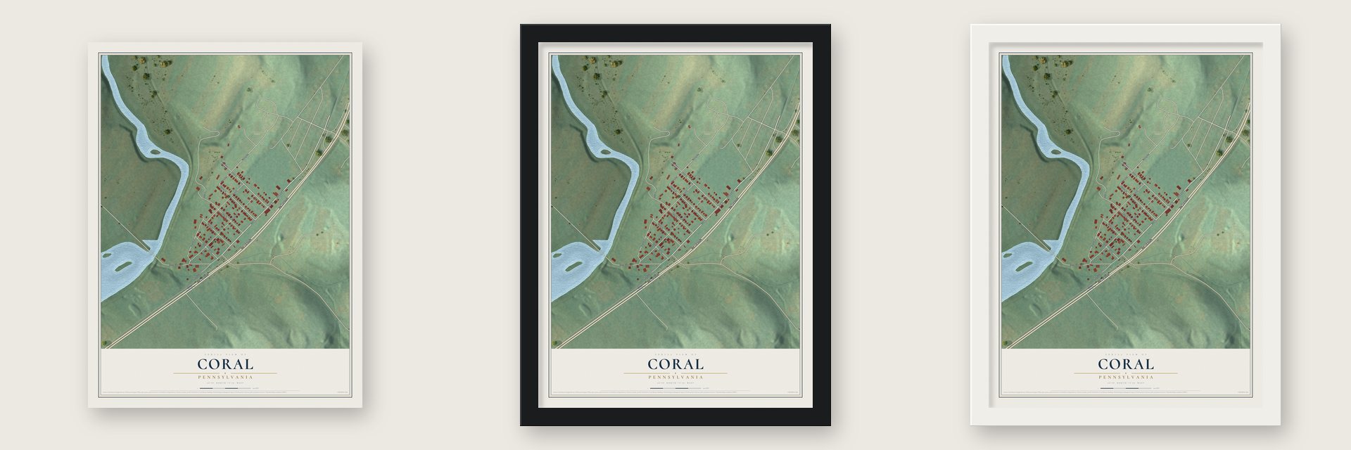 Coral, Pennsylvania map unframed, in a black wood frame and in a white wood frame