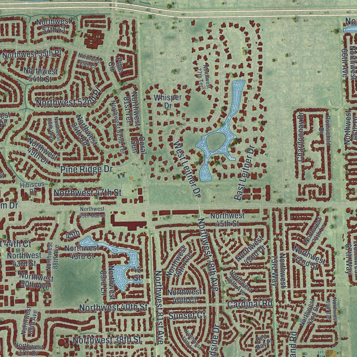 Second close-up of the map of Coral Springs, Florida print showing more streets and buildings