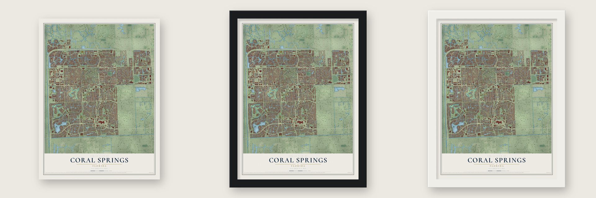 Coral Springs, Florida map unframed, in a black wood frame and in a white wood frame