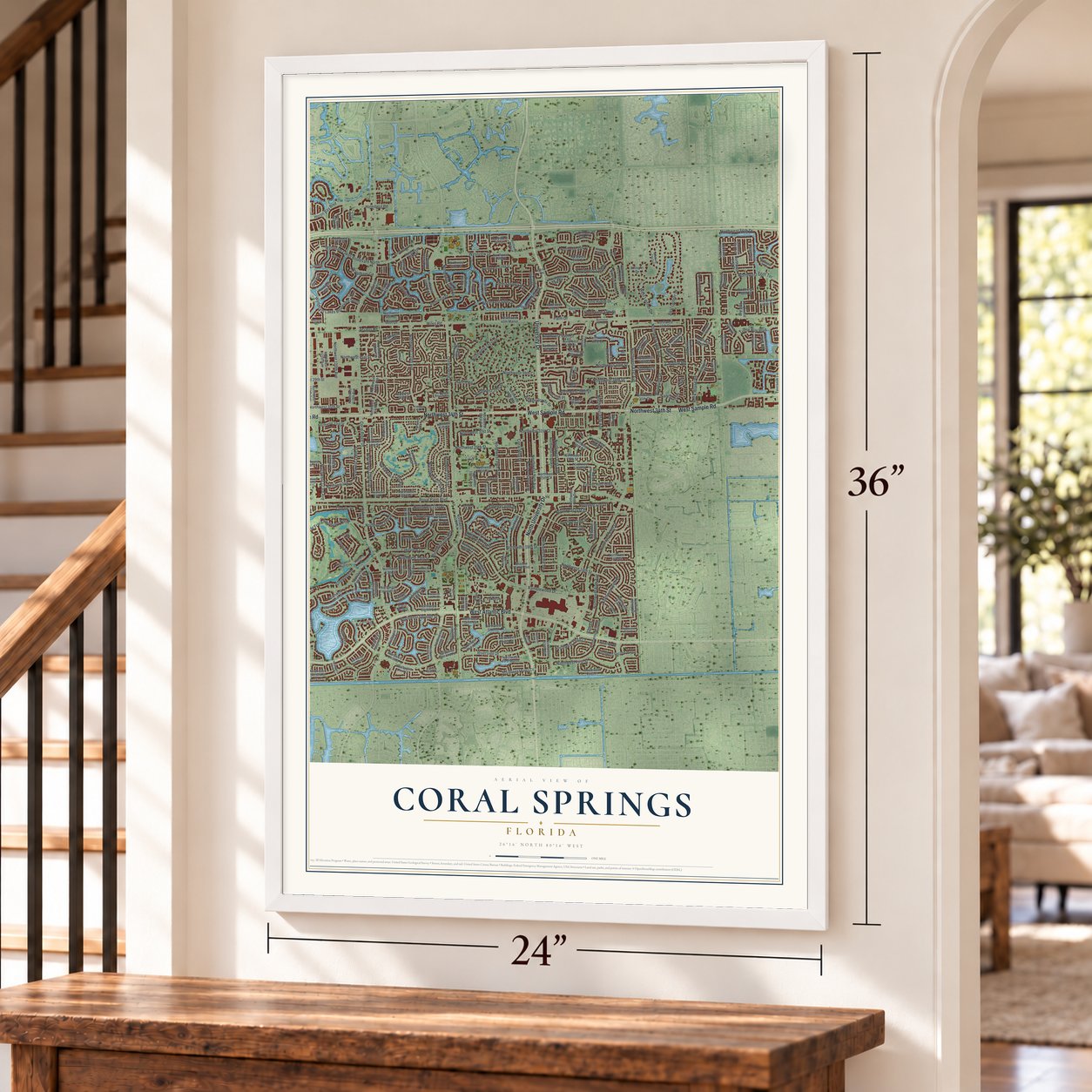 Coral Springs, Florida map, 24 x 36 inch print in a white frame by a staircase