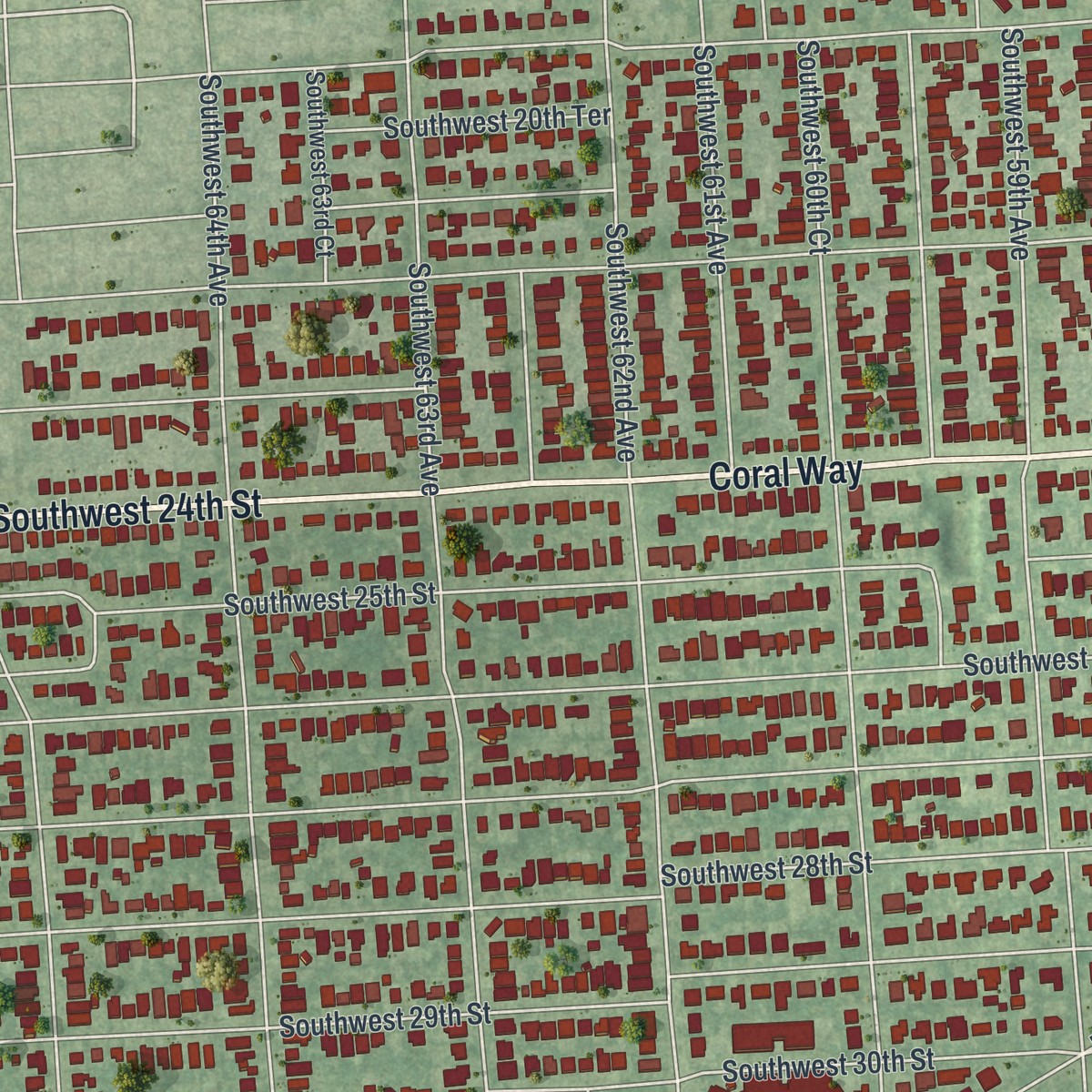 Second close-up of the map of Coral Terrace, Florida print showing more streets and buildings
