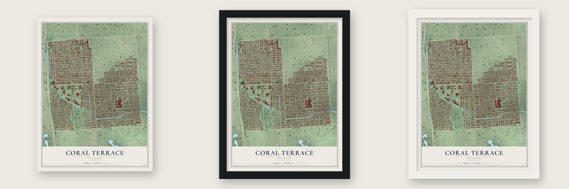 Coral Terrace, Florida map unframed, in a black wood frame and in a white wood frame