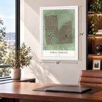Coral Terrace, Florida map, 18 x 24 inch print in a white frame in a home office