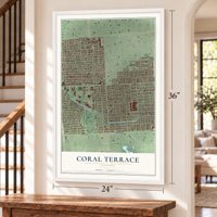 Coral Terrace, Florida map, 24 x 36 inch print in a white frame by a staircase