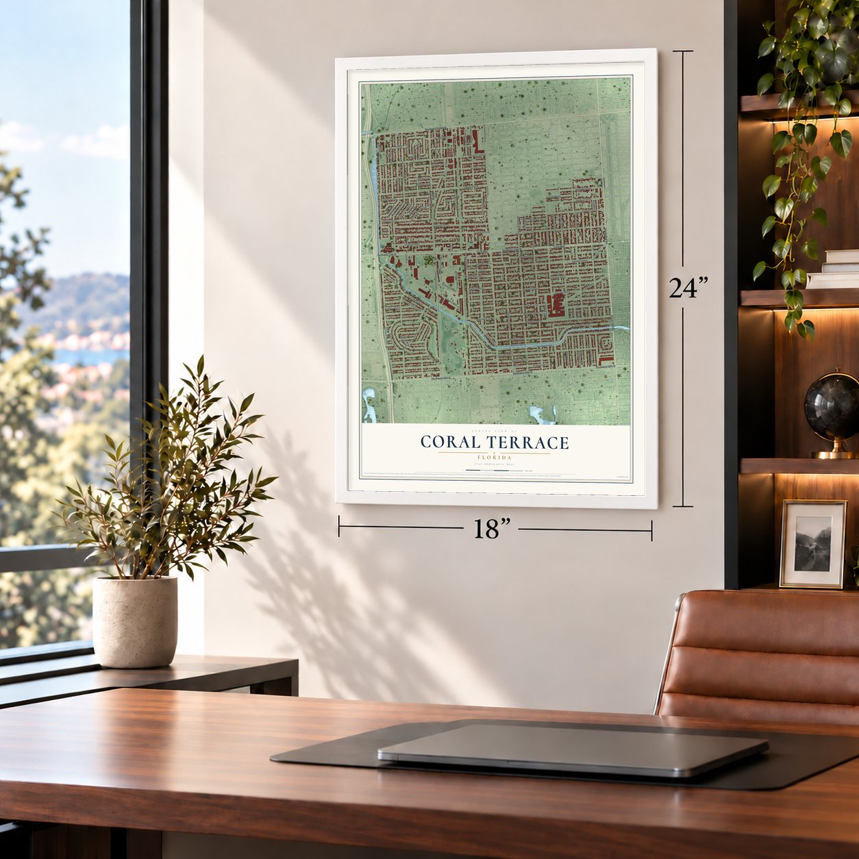 Coral Terrace, Florida map, 18 x 24 inch print in a white frame in a home office