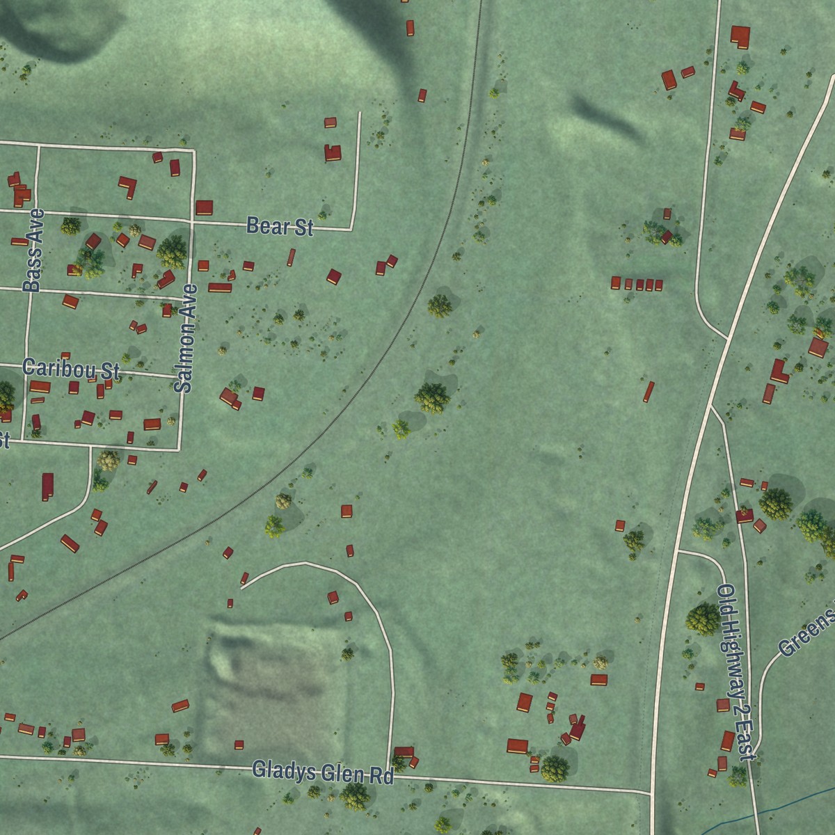 Second close-up of the map of Coram, Montana print showing more streets and buildings