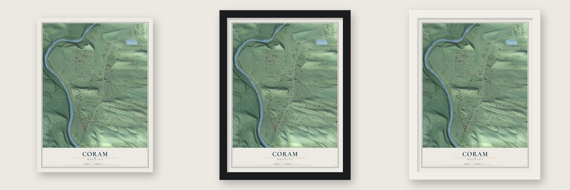 Coram, Montana map unframed, in a black wood frame and in a white wood frame