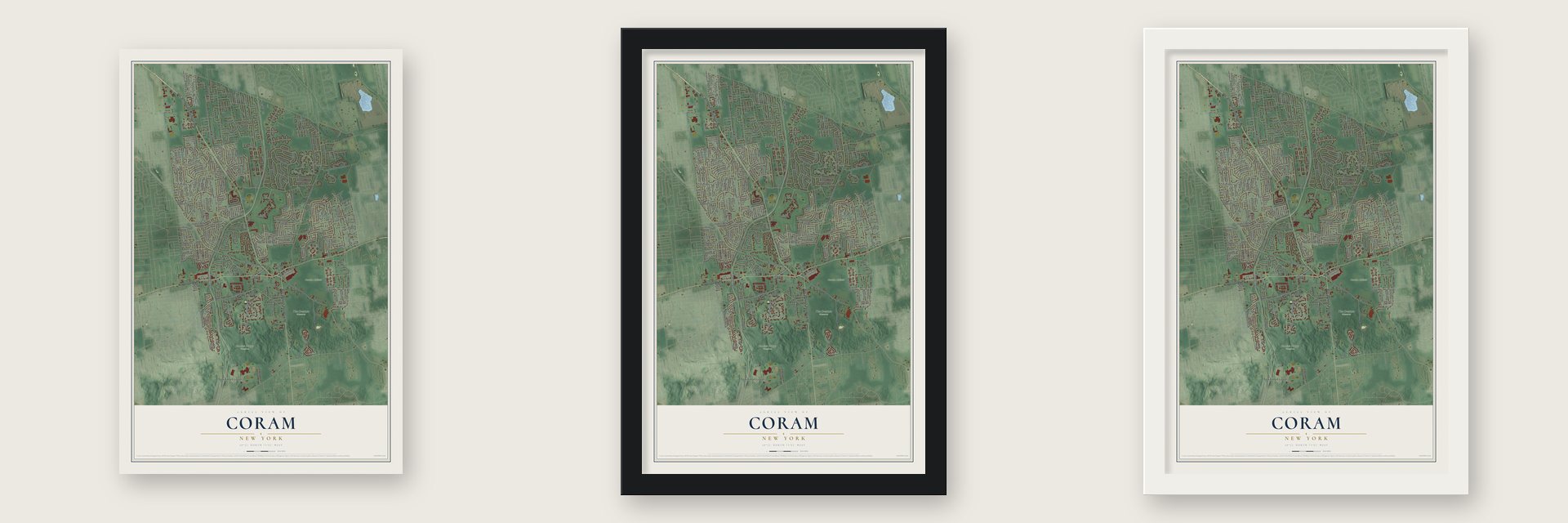 Coram, New York map unframed, in a black wood frame and in a white wood frame