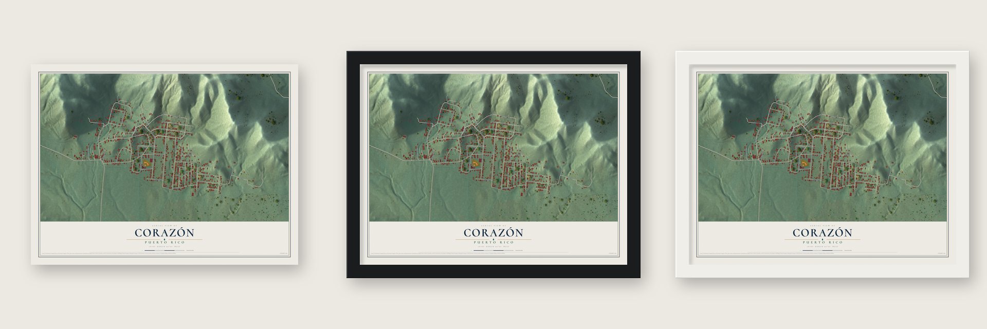 Corazón, Puerto Rico map unframed, in a black wood frame and in a white wood frame