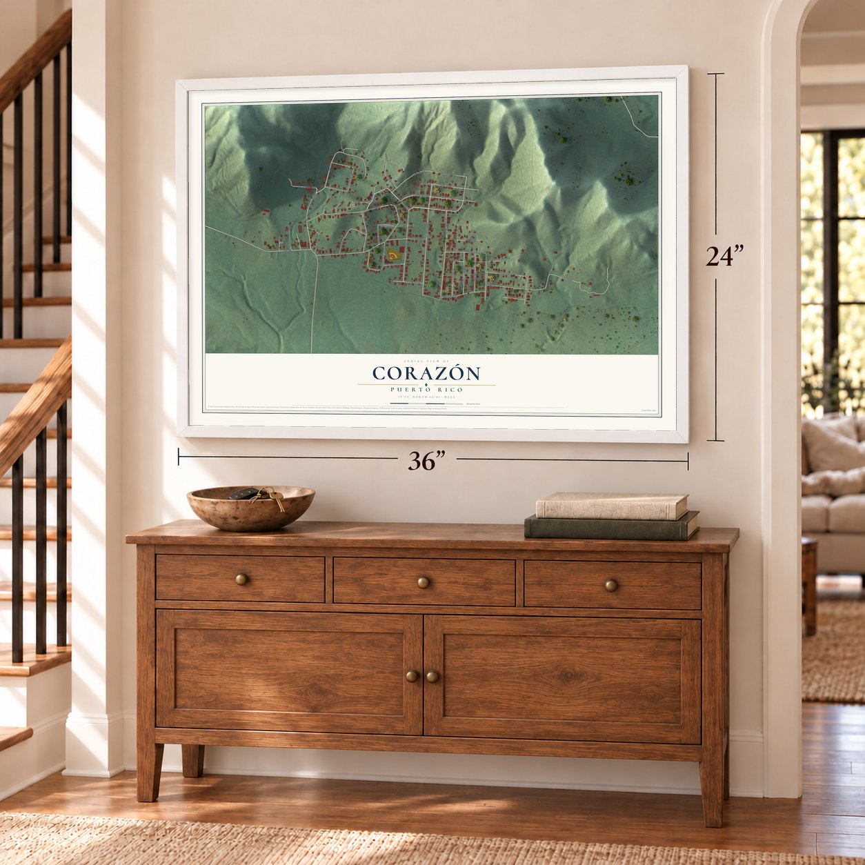 Corazón, Puerto Rico map, 24 x 36 inch print in a white frame above a dresser by a staircase