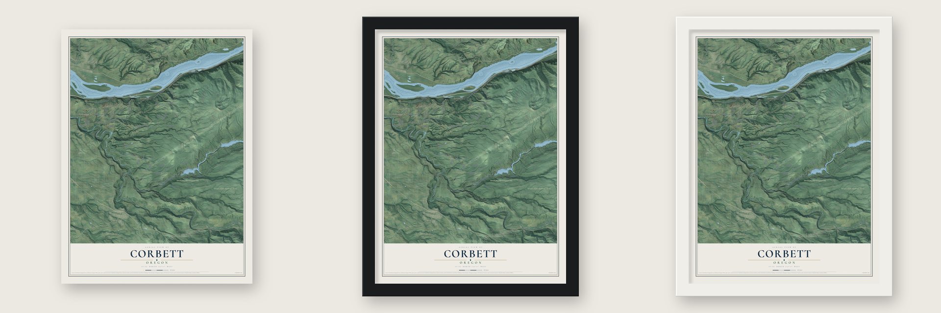 Corbett, Oregon map unframed, in a black wood frame and in a white wood frame