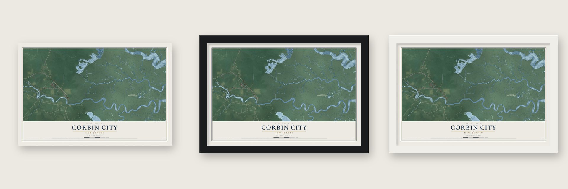 Corbin City, New Jersey map unframed, in a black wood frame and in a white wood frame
