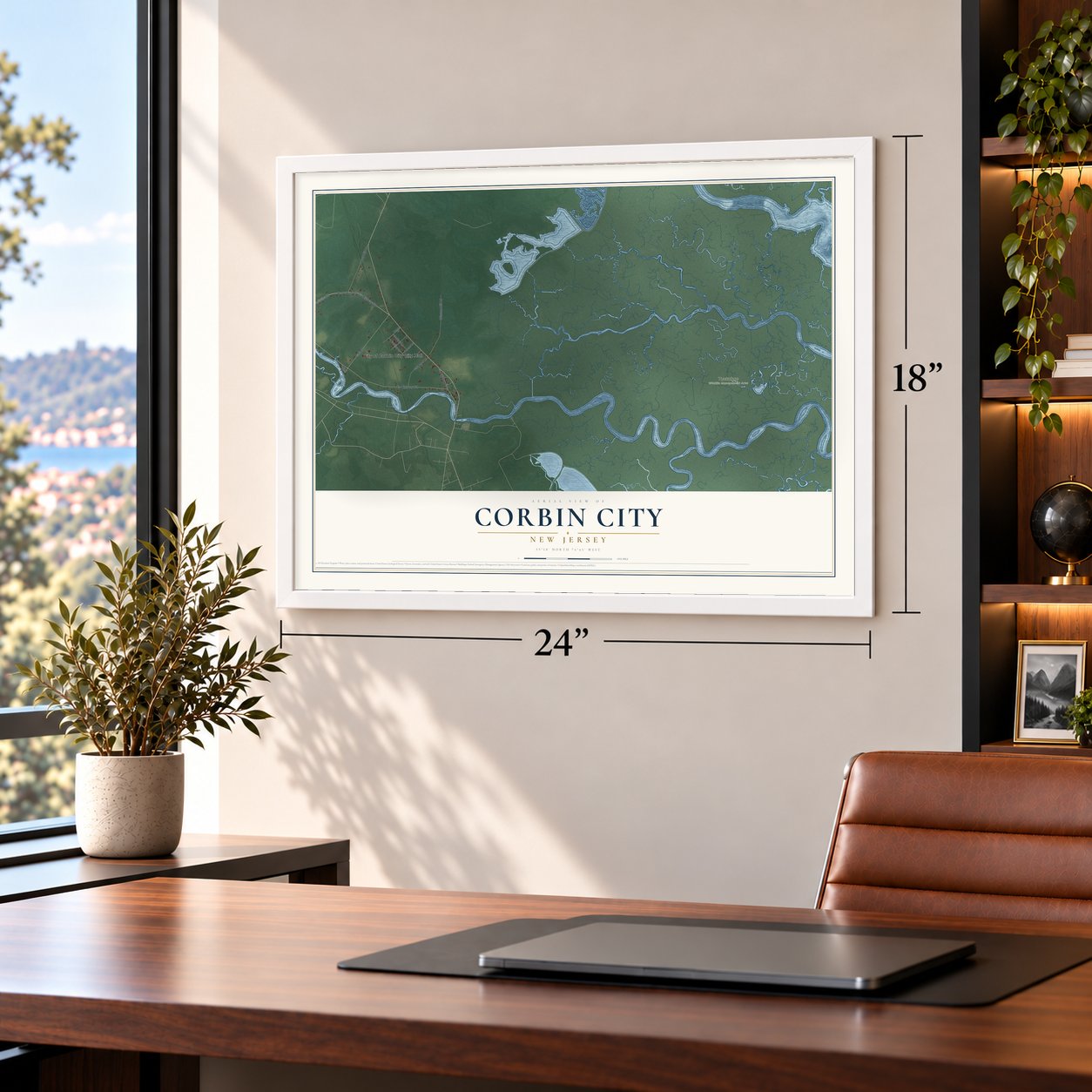 Corbin City, New Jersey map, 18 x 24 inch print in a white frame in a home office