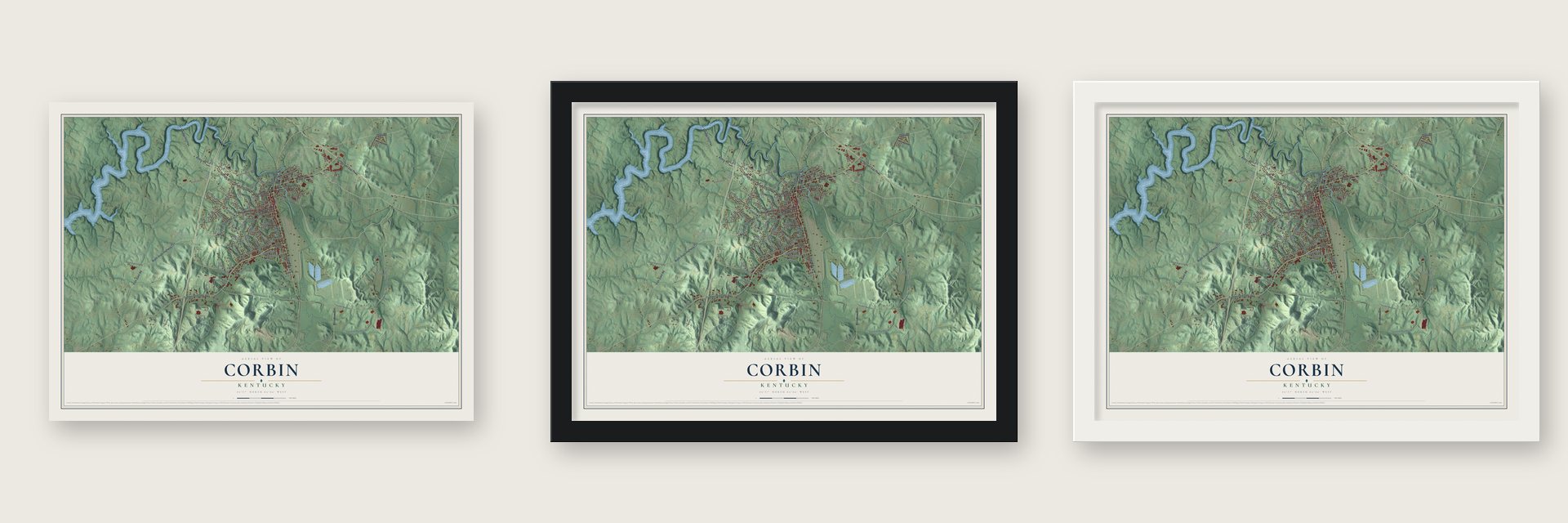 Corbin, Kentucky map unframed, in a black wood frame and in a white wood frame