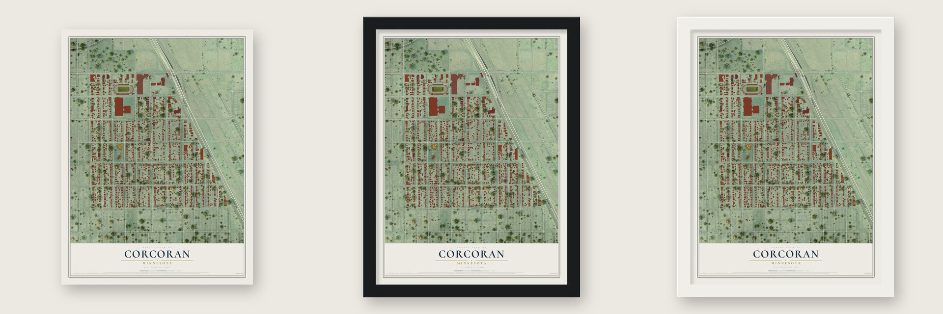 Corcoran, Minneapolis, Minnesota map unframed, in a black wood frame and in a white wood frame